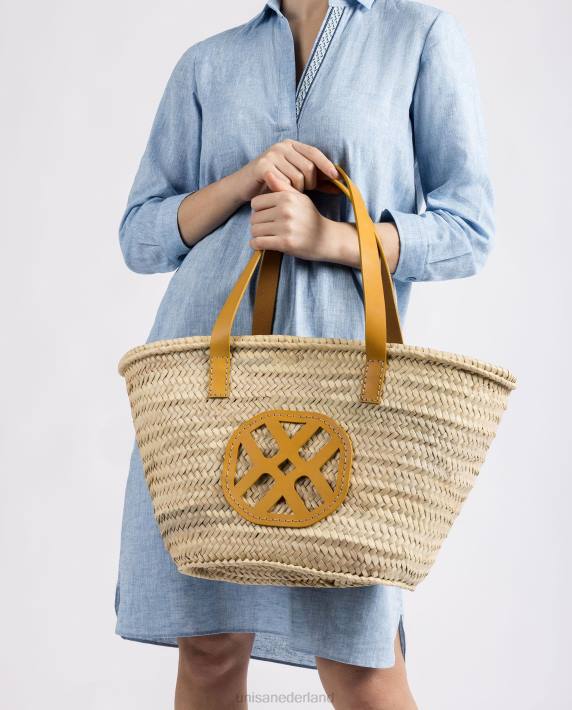 Unisa 02B01097 medium gevlochten mand met leren hengsels en logo vrouwen geel