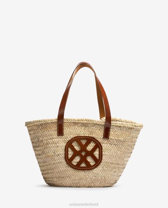 Unisa 02B01098 medium gevlochten mand met leren hengsels en logo vrouwen bruin