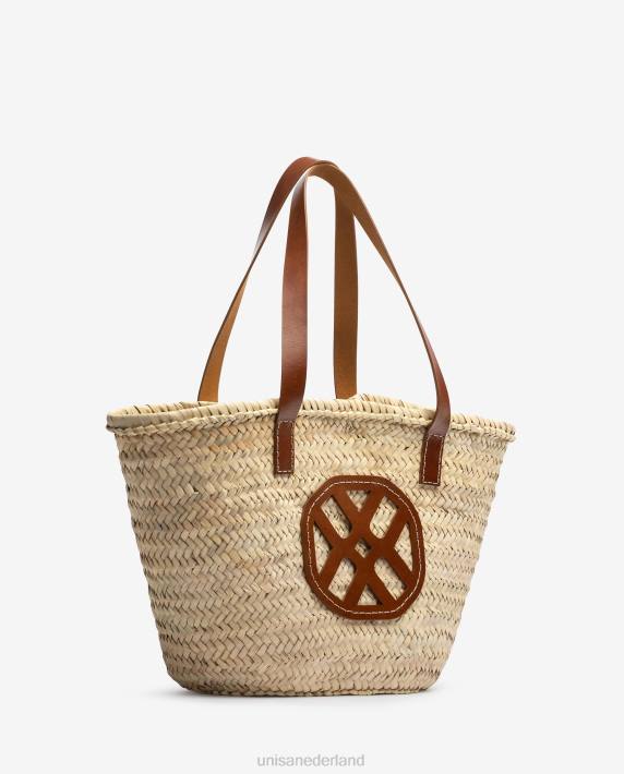 Unisa 02B01098 medium gevlochten mand met leren hengsels en logo vrouwen bruin