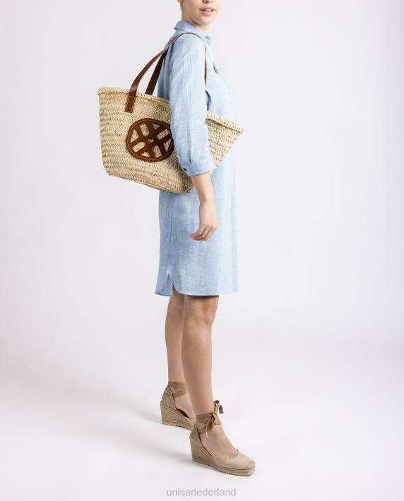 Unisa 02B01098 medium gevlochten mand met leren hengsels en logo vrouwen bruin