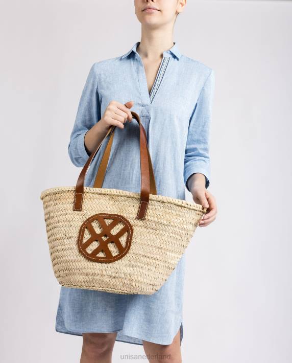 Unisa 02B01098 medium gevlochten mand met leren hengsels en logo vrouwen bruin