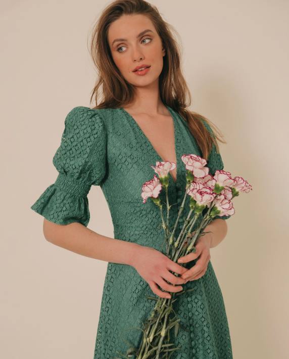 Unisa 02B01246 midi-jurk met genuanceerde pasvorm en kant vrouwen groente