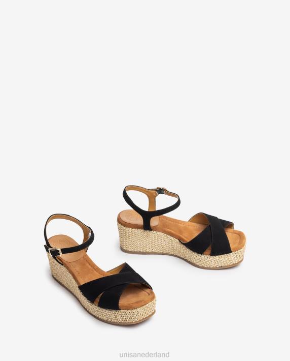 Unisa 02B0163 sandaal met blokhak van raffia vrouwen zwart