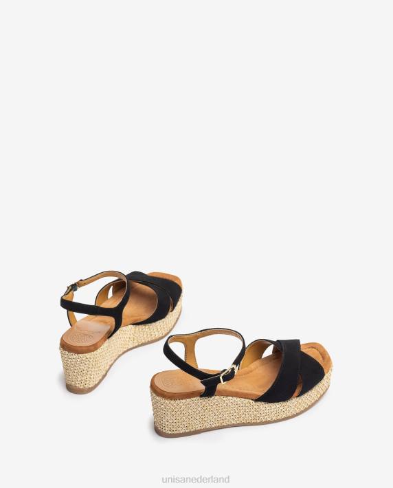 Unisa 02B0163 sandaal met blokhak van raffia vrouwen zwart