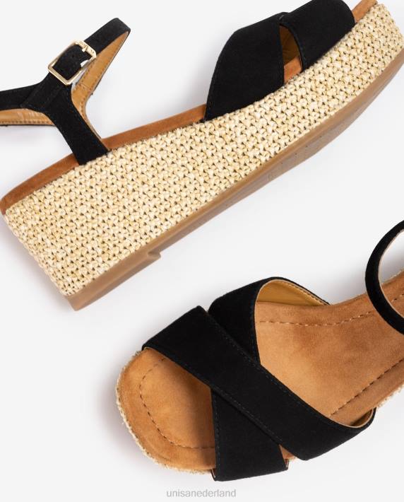 Unisa 02B0163 sandaal met blokhak van raffia vrouwen zwart