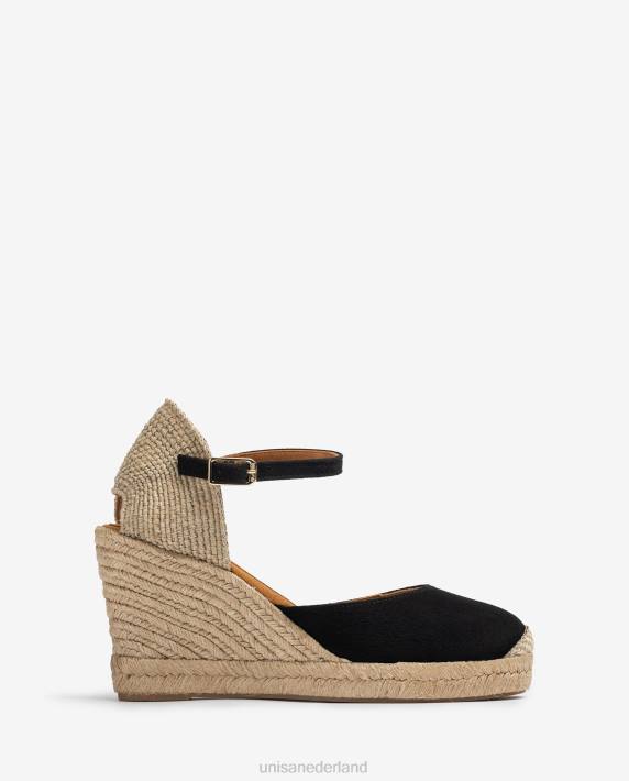 Unisa 02B0483 suède espadrille met een hak van raffia vrouwen zwart