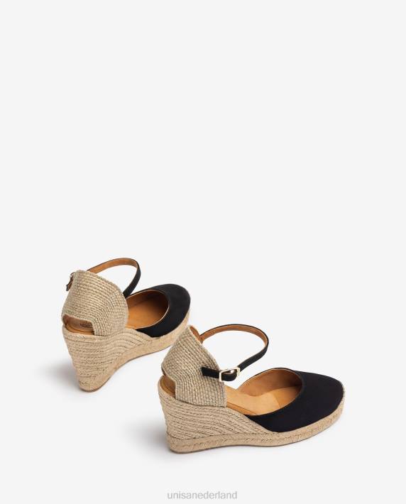 Unisa 02B0483 suède espadrille met een hak van raffia vrouwen zwart