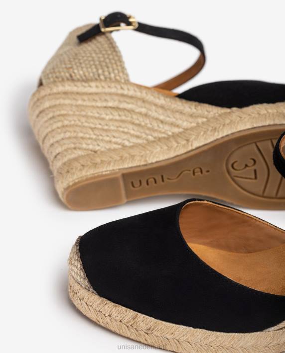 Unisa 02B0483 suède espadrille met een hak van raffia vrouwen zwart