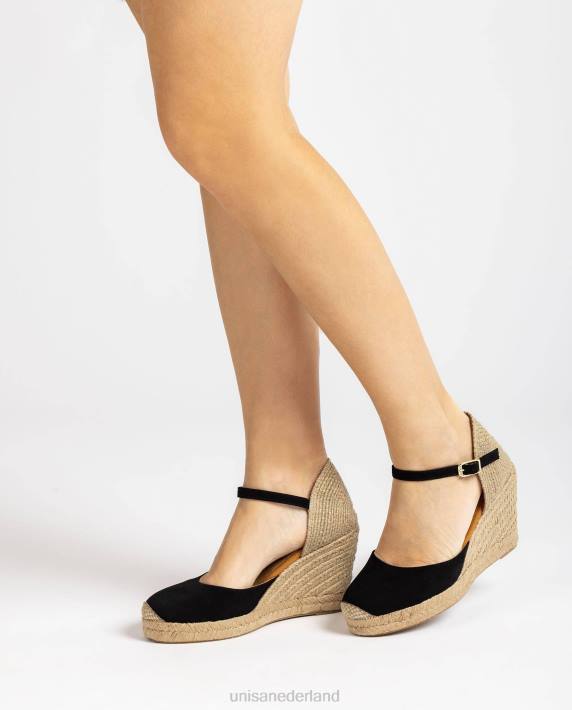 Unisa 02B0483 suède espadrille met een hak van raffia vrouwen zwart