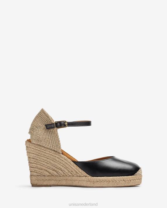 Unisa 02B0486 leren espadrille met een hak van raffia vrouwen zwart