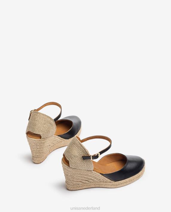 Unisa 02B0486 leren espadrille met een hak van raffia vrouwen zwart