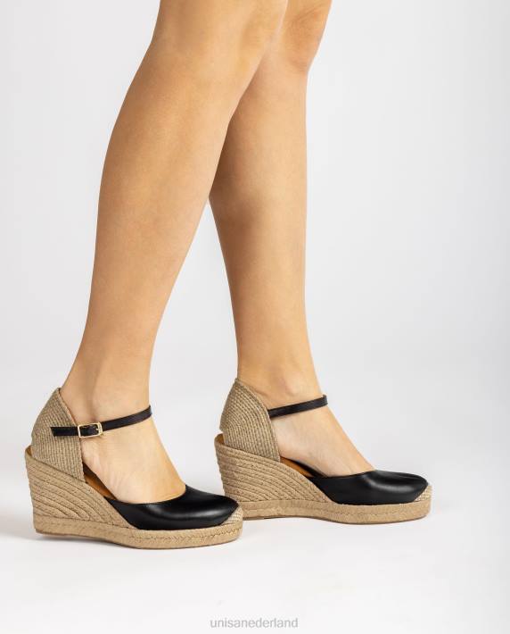 Unisa 02B0486 leren espadrille met een hak van raffia vrouwen zwart