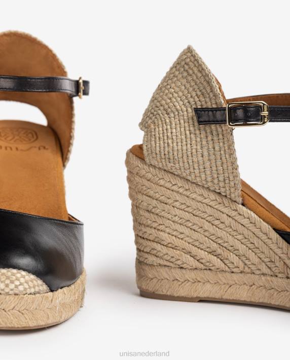 Unisa 02B0486 leren espadrille met een hak van raffia vrouwen zwart