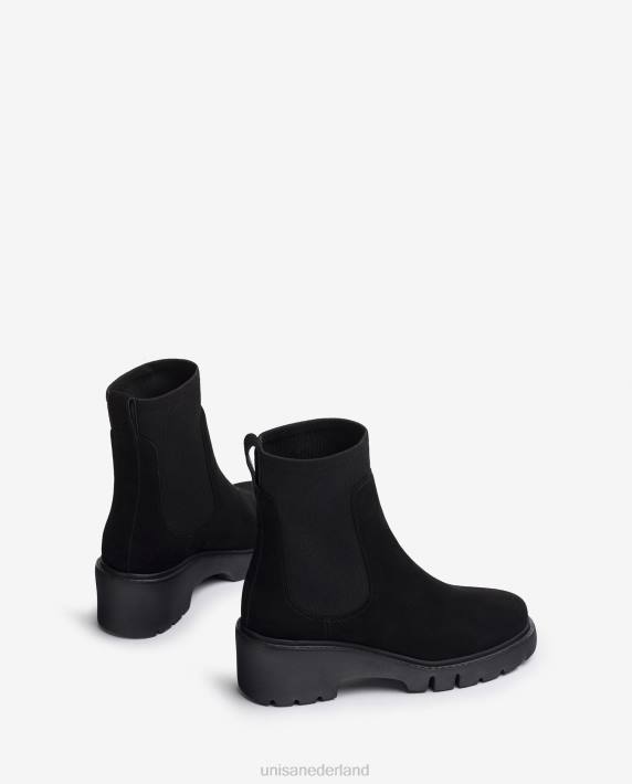 Unisa 02B0919 suède enkellaars met stretchstof vrouwen zwart