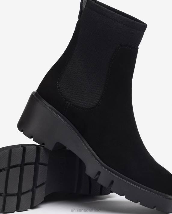 Unisa 02B0919 suède enkellaars met stretchstof vrouwen zwart