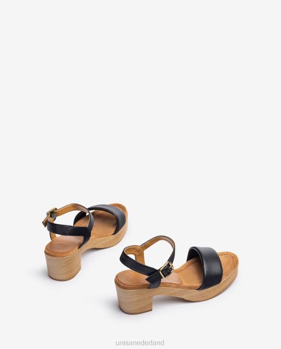 Unisa 02B0317 leren sandaal met blok in houteffect vrouwen zwart