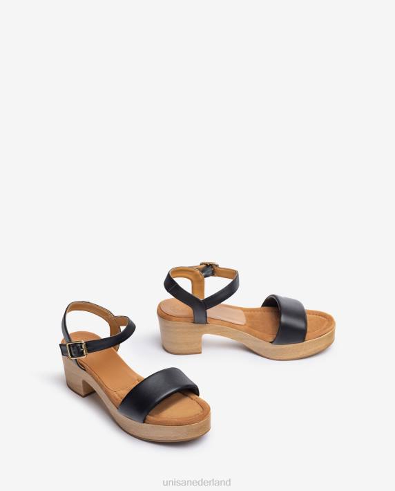 Unisa 02B0317 leren sandaal met blok in houteffect vrouwen zwart