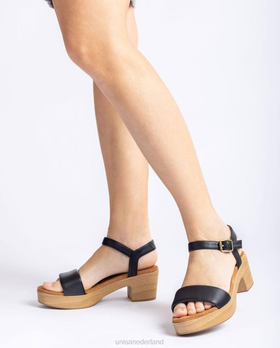 Unisa 02B0317 leren sandaal met blok in houteffect vrouwen zwart