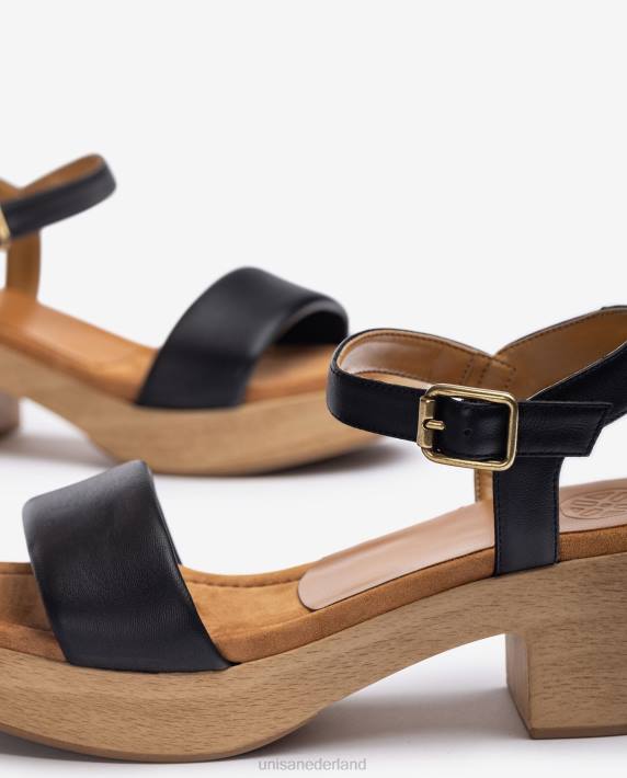 Unisa 02B0317 leren sandaal met blok in houteffect vrouwen zwart