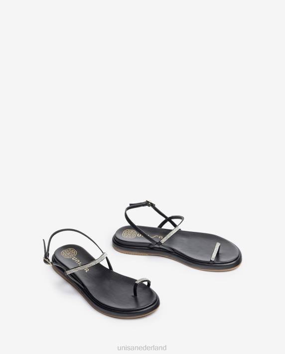 Unisa 02B01312 platte lederen teen-post sandaal vrouwen zwart