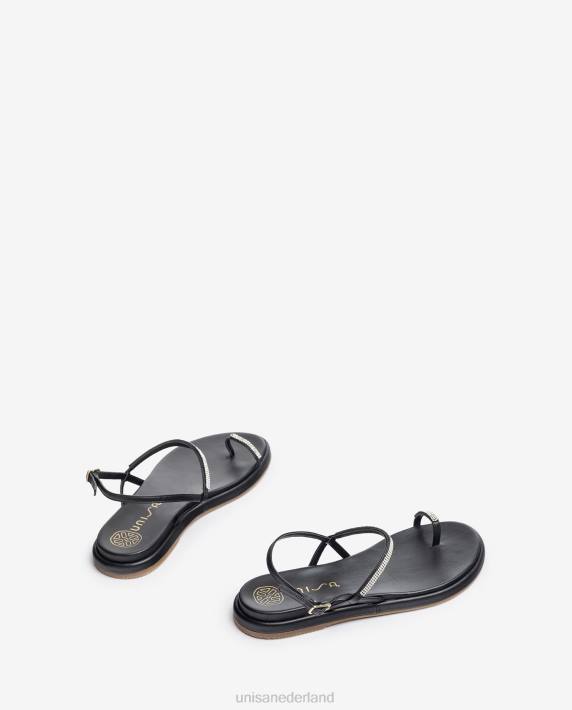 Unisa 02B01312 platte lederen teen-post sandaal vrouwen zwart