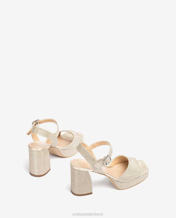 Unisa 02B0223 sandaal van glanzende stof met brede hak vrouwen goud