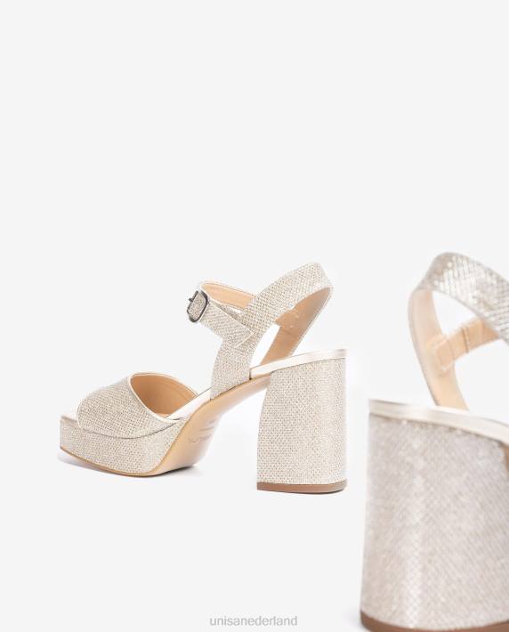 Unisa 02B0223 sandaal van glanzende stof met brede hak vrouwen goud
