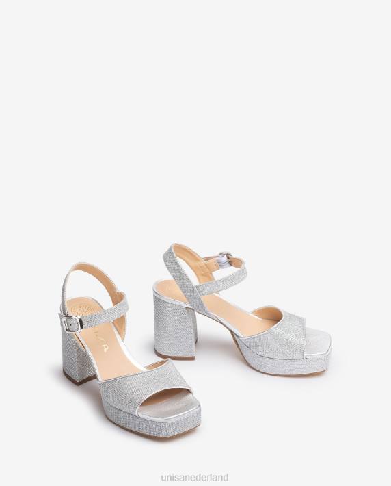 Unisa 02B0224 sandaal van glanzende stof met brede hak vrouwen zilver