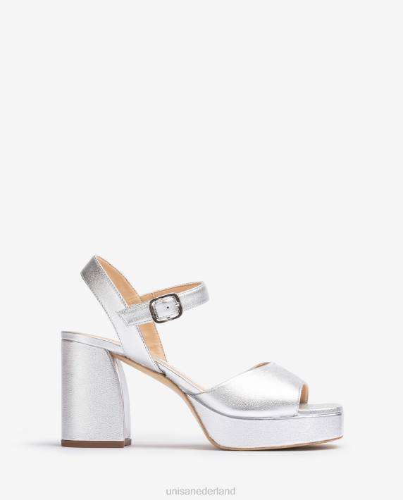 Unisa 02B0226 metallic lederlook sandaal met brede hak vrouwen zilver