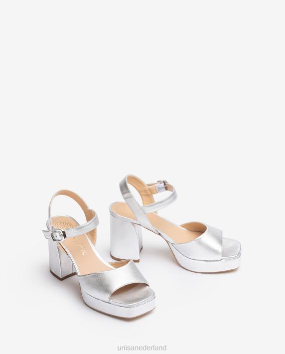 Unisa 02B0226 metallic lederlook sandaal met brede hak vrouwen zilver