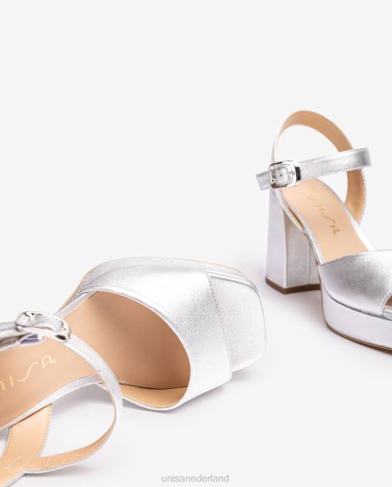 Unisa 02B0226 metallic lederlook sandaal met brede hak vrouwen zilver