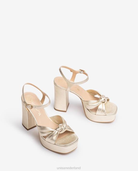 Unisa 02B050 Sandalen met vierkante neus en een knoop aan de voorkant vrouwen goud