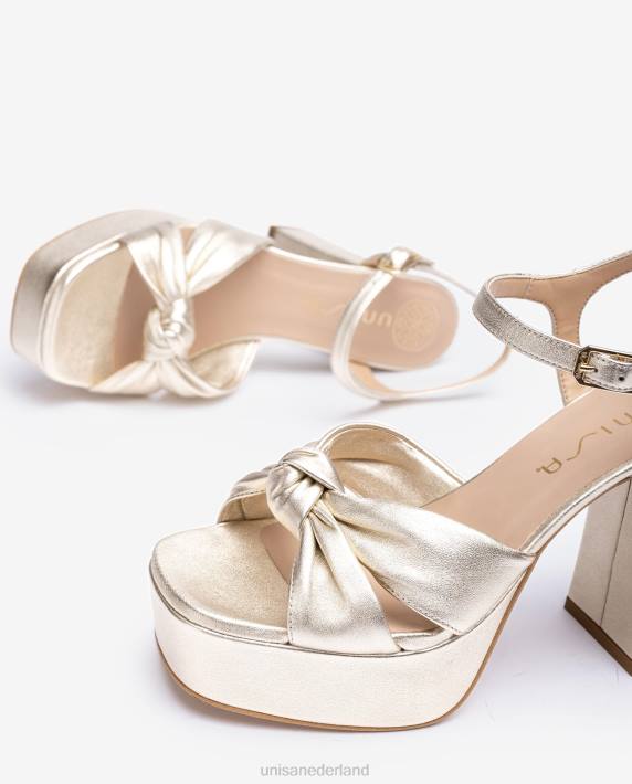 Unisa 02B050 Sandalen met vierkante neus en een knoop aan de voorkant vrouwen goud