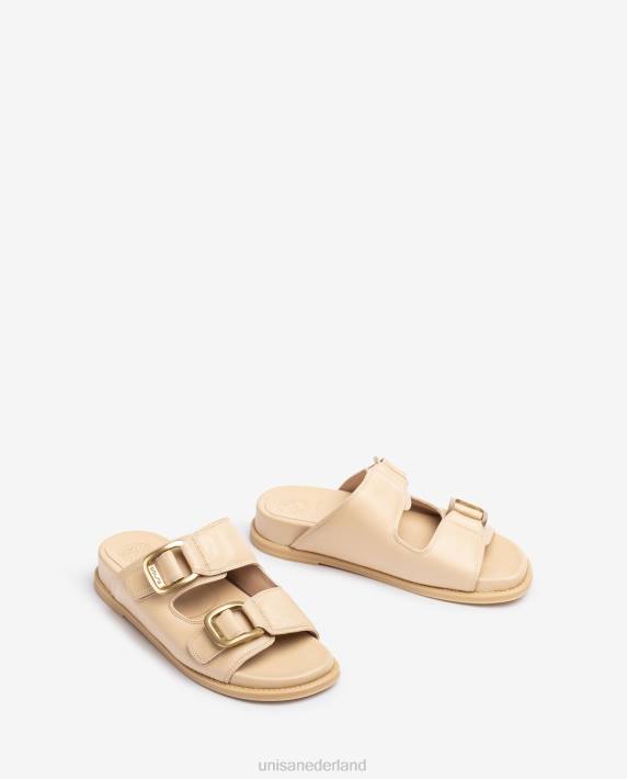 Unisa 02B0320 platte sandaal met dubbele gesp vrouwen beige